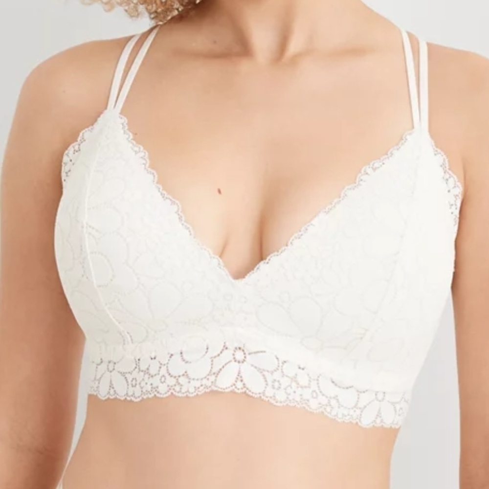 Aerie Real Happy Wireless Lightly Lined Candy Lace Bra, Off White, XXL